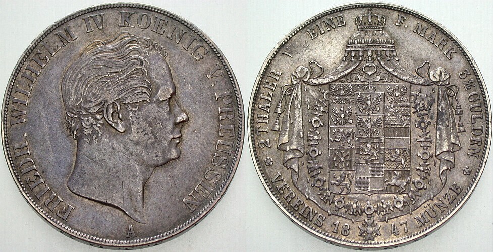 Vereinsdoppeltaler 1847 Jaeger 74 Olding 302 Kahnt 382 AKS 69 Patina, sehr schön