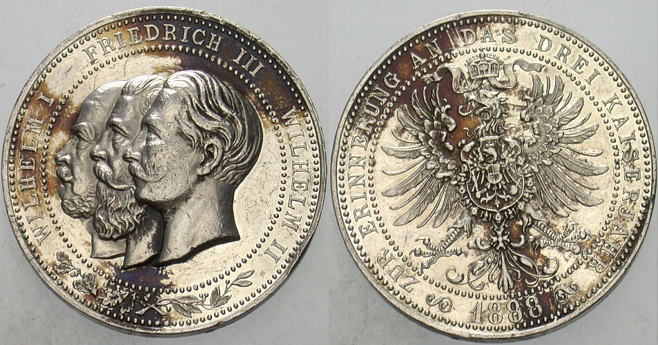 versilberte Zinnmedaille 1888  Fleckige Patina, kl. Rdf., sehr schön - vorzüglich